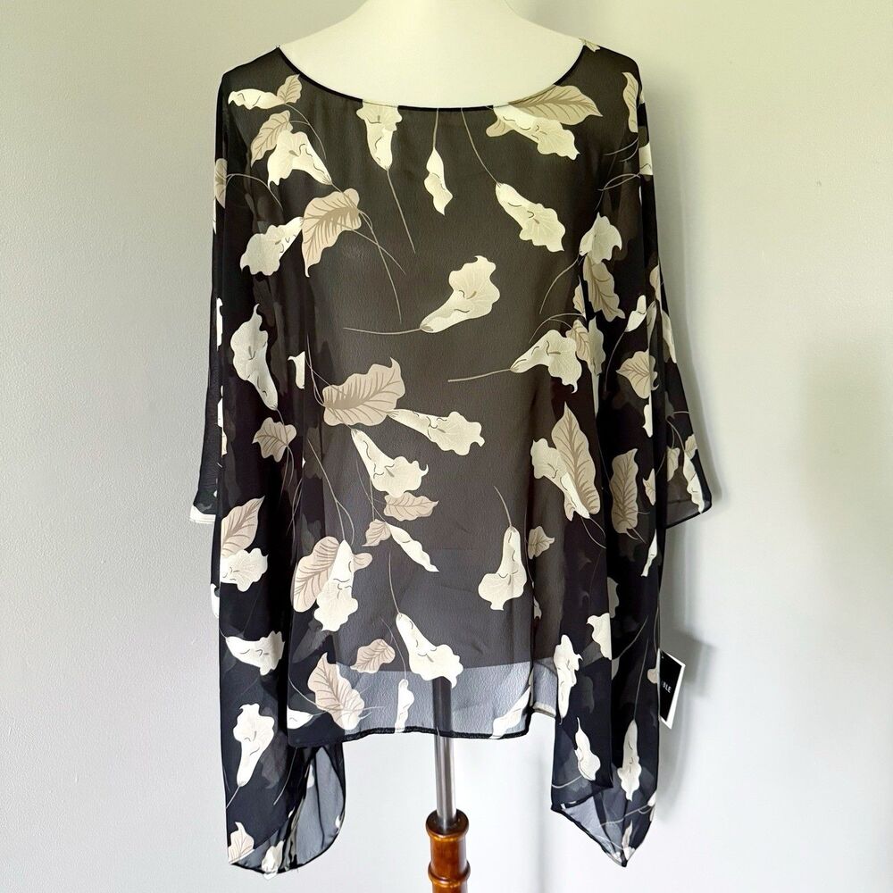 Vtg Y2K Sheer Chiffon Botanical Floral Handkerchief Tunic Blouse 18W 2X Georgett